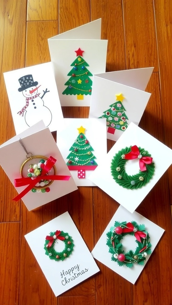 A variety of handmade Christmas cards with festive designs on a wooden table.